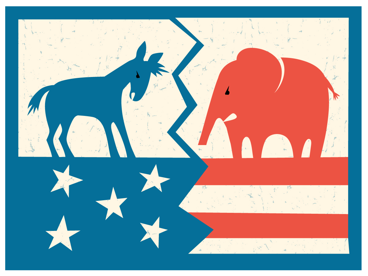 A democratic donkey and republican elephant stand on a fractured American flag in this illustration